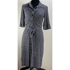 Laundry by Shelli Segal Dress Women's 8 Navy Blue White Geometric Midi Belted‎